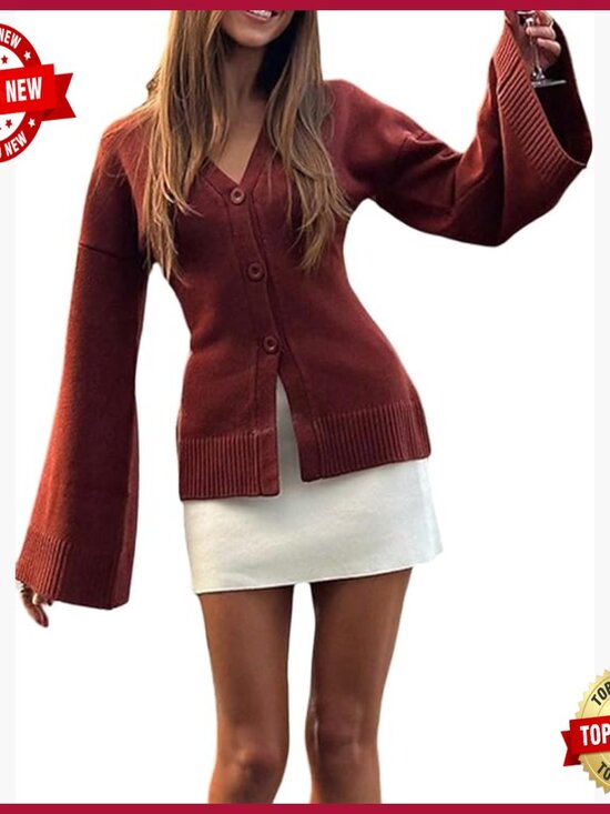 Sweaters - Y2K Long Bell Sleeve V-Neck Button Down Knit Cardigan Sweater Open Front